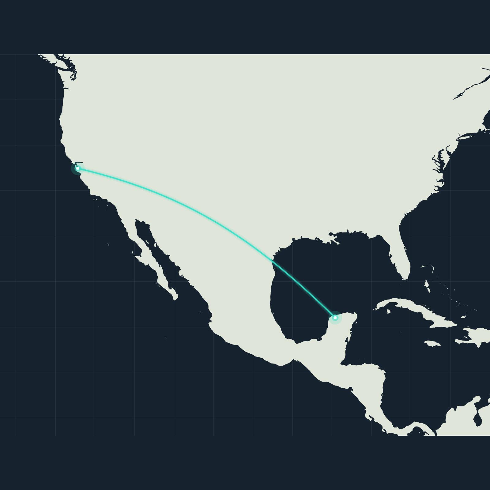 Map of North America with a luminous arc connecting the San Francisco Bay Area to Mérida, Yucatán